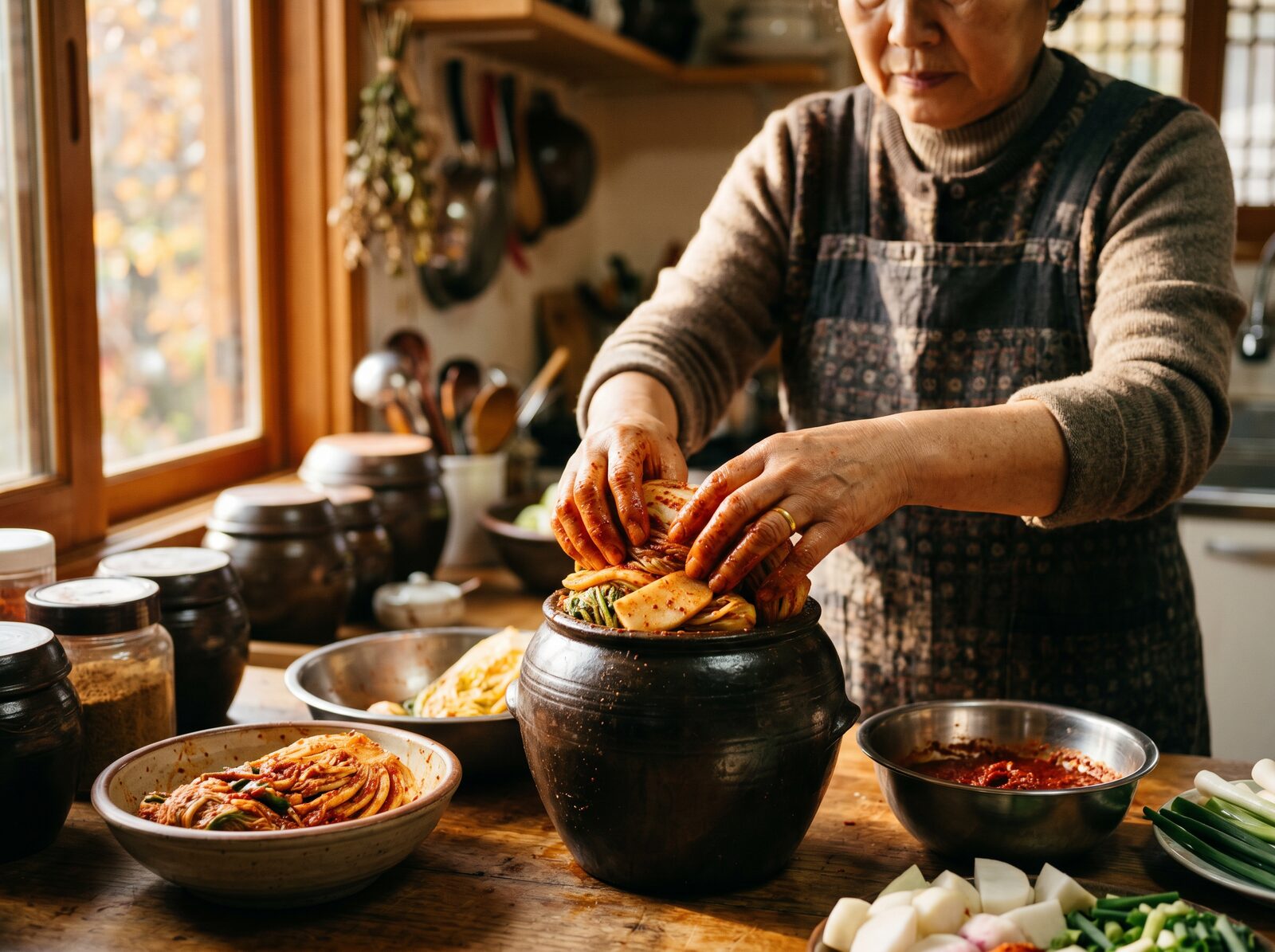 정성스럽게 김치를 담그는 손길